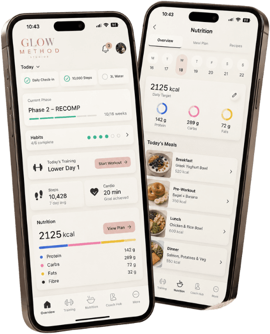 The Glow Method app showing daily check-ins, training and nutrition tracking